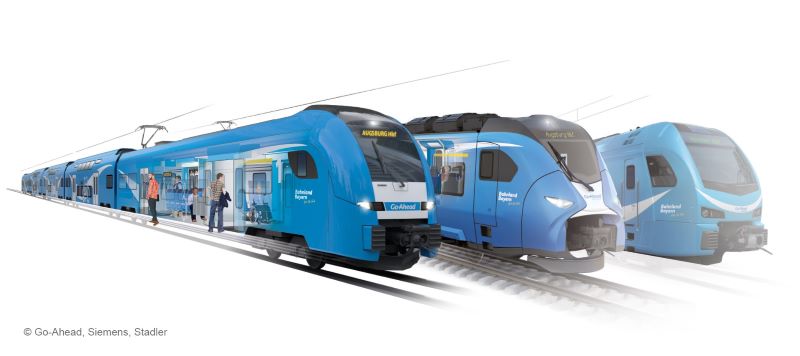 Die Collage zeigt die Zugtypen, die bei Go-Ahead in Bayern eingesetzt werden: Siemens Desiro HC, Siemens Mireo und Stadler Flirt (von links) (Bilder: Go-Ahead, Siemens, Stadler).