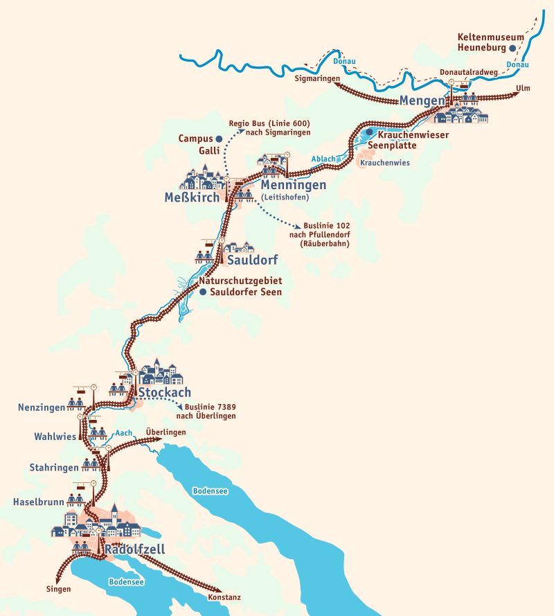 Karte 2: Auf dieser Übersicht sind die heute existierenden Gleise sowie die bedienten Orte eingetragen. Die vorerst drei Zugspaare Radolfzell–Mengen im Freizeitverkehr fahren als Biberbahn (Streckenbezeichnung nach wie vor Ablachtalbahn).
