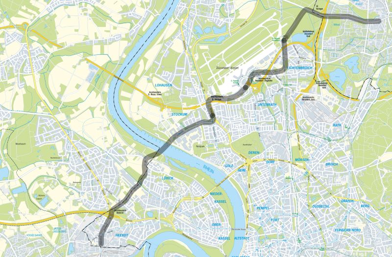 Vier Abschnitte umfasst die geplante Stadtbahnlinie U 81 – von Ratingen-West (rechts oben) über den Düsseldorfer Flughafen nach Düsseldorf-Heerdt (links unten) (Grafik: Landeshauptstadt Düsseldorf, Amt für Brücken-, Tunnel- und Stadtbahnbau).