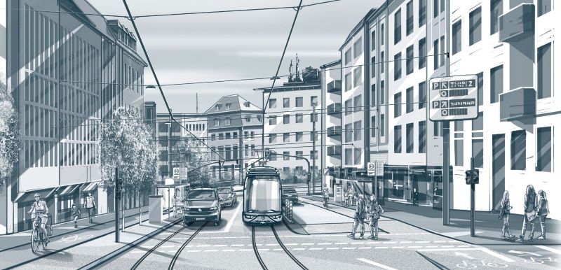 So stellen sich in Mainz die Planer die Straßenbahnstrecke durch die Binger Straße vor (Grafik: Mainzer Verkehrsgesellschaft).