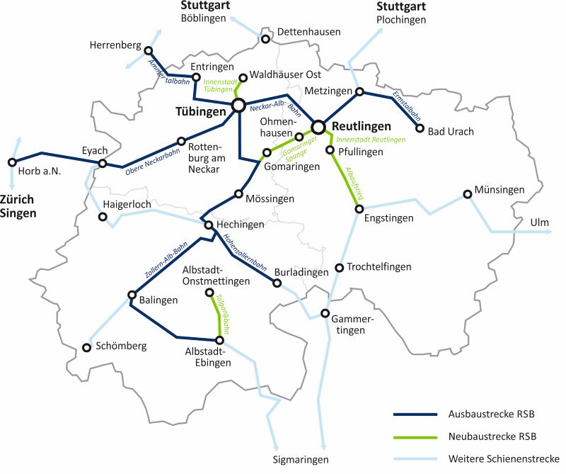 Das geplante Regional-Stadtbahn Neckar-Alb, die Innenstadtstrecke in Tübingen wurde allerdings in einem Bürgerentscheid abgelehnt (Grafik: Zweckverband Regional-Stadtbahn Neckar-Alb).