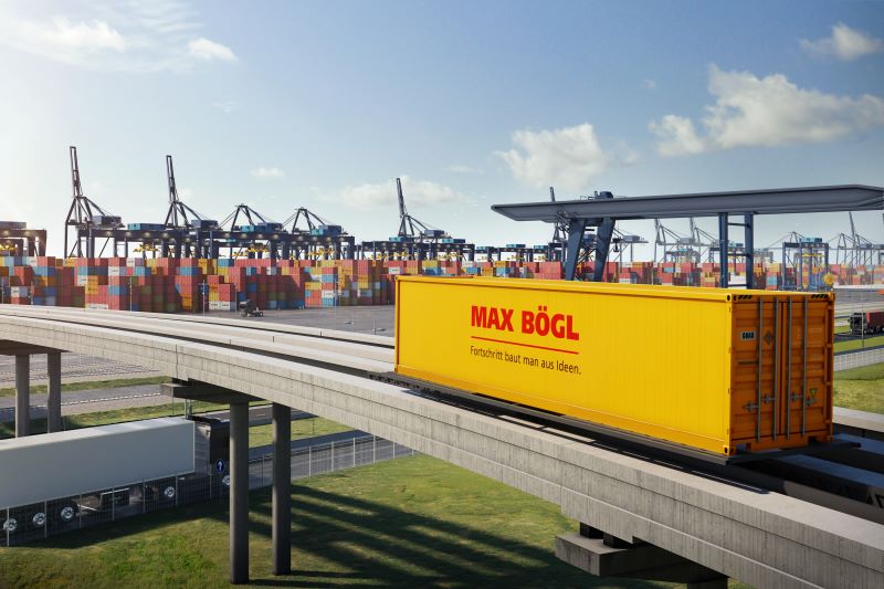 »TSB Cargo« steht für den effizienten und umweltschonenden Transport von Containereinheiten. Statt einer Kabine für den Personenverkehr wird auf das Antriebs- und Schwebemodul ein Container-Tragrahmen montiert (Bild: Max Bögl). 