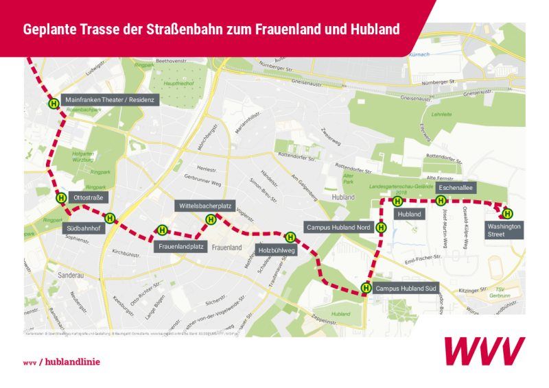 Die geplante Streckenführung zur Anbindung von Hubland und Frauenland an die Würzburger Innenstadt.Grafik: Würzburger Versorgungs- und Verkehrs-GmbH